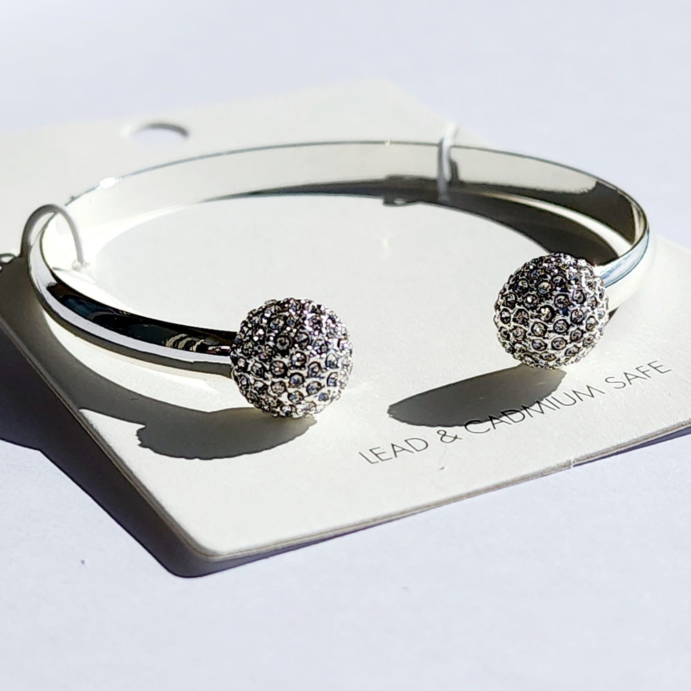 Women's Cluster Cuff Pave Ball Open Silver Bangle Bracelet - Picture 2 of 5